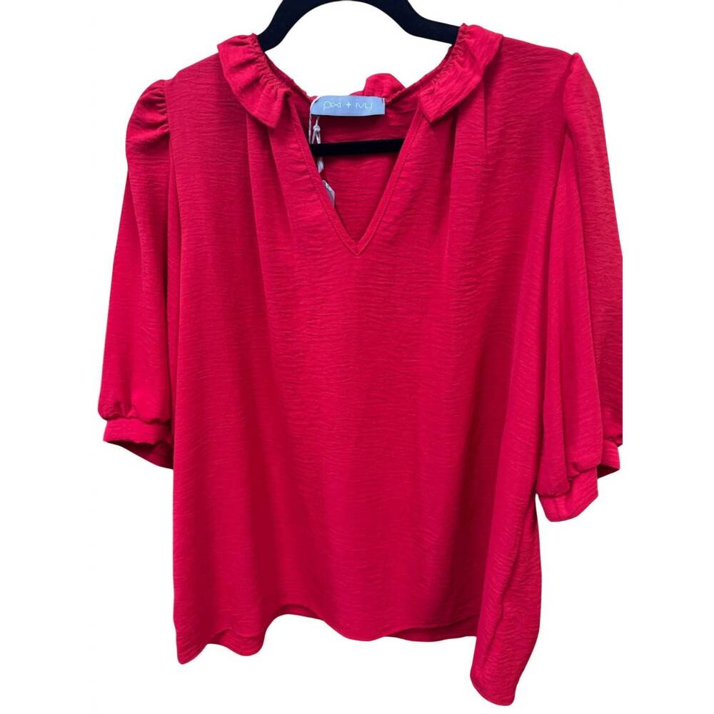 NEW PIXI + IVY women's ruffle neck top in red